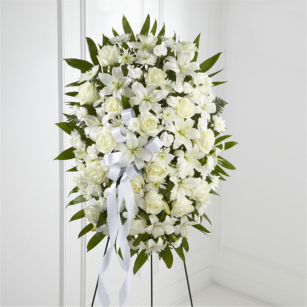 Exquisite Tribute Standing Spray-White Ribbon – SHAW'S, West Bridgewater MA