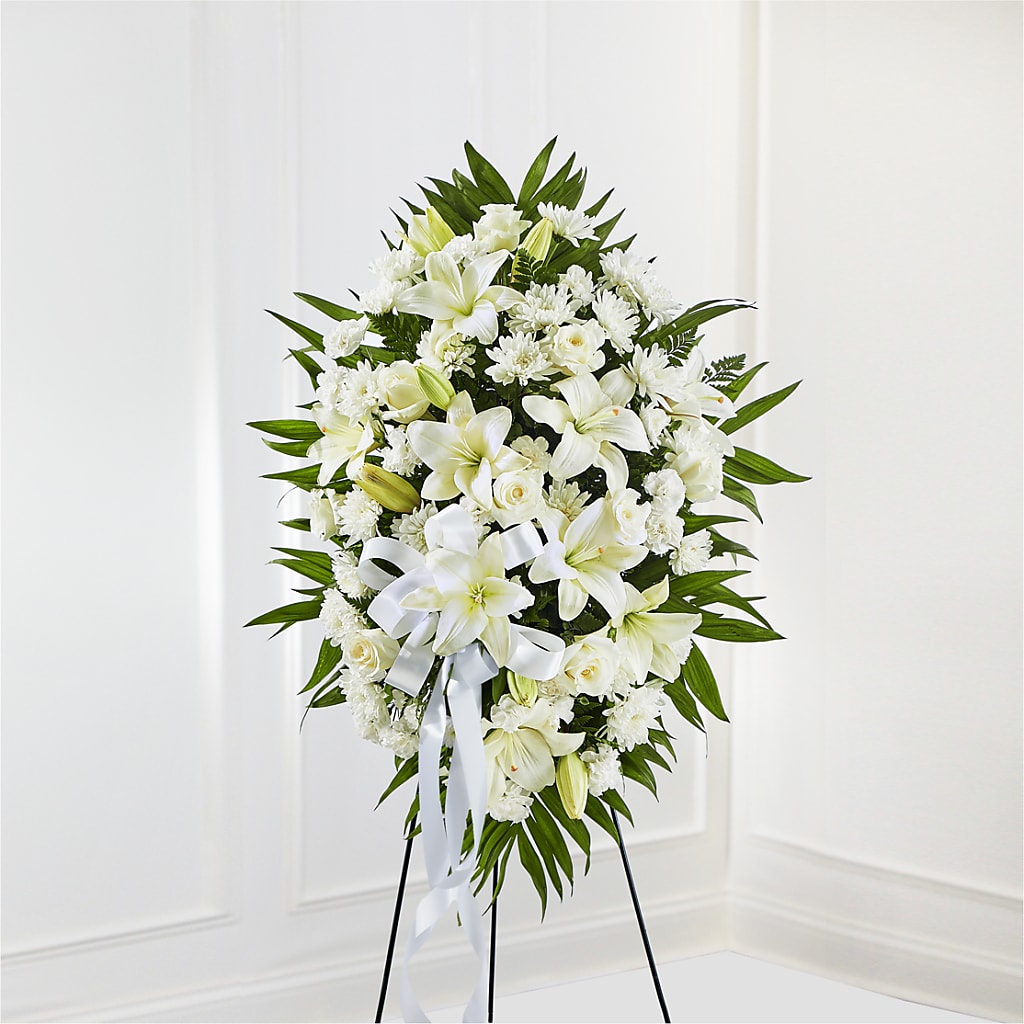 Exquisite Tribute Standing Spray-White Ribbon – SHAW'S, West Bridgewater MA
